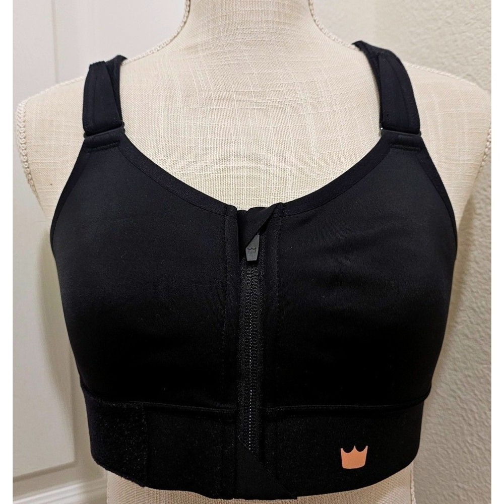SheFit Flex Front Zip Sports Bra Black Rose Gold Size 2 Luxe with Wash Bag